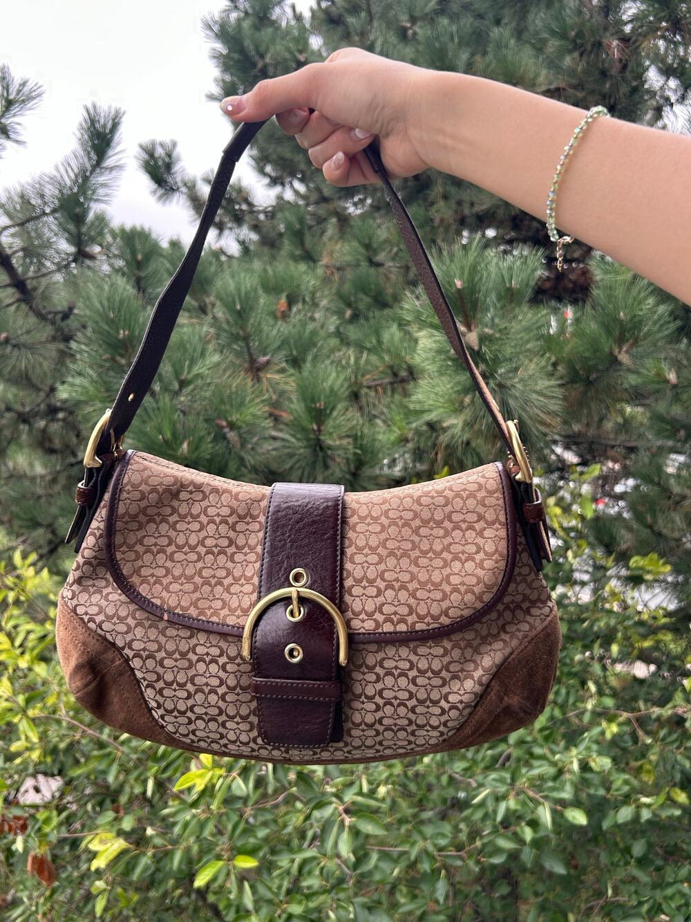 Vintage coach signature buckle shoulder bag tan monogram canvas & brown leather